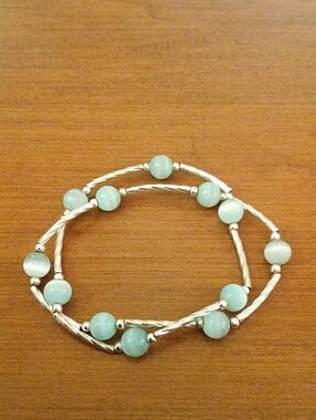 Silver Beaded Stretch Bracelet with Teal Glass Beads